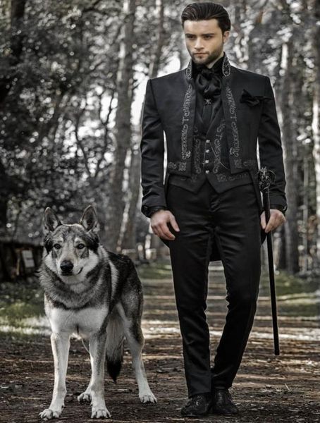 

embroidery full black mens morning tailcoat three pieces jacketpantvest formal business tuxedos office costume bridegroom clot4807233, Black;gray