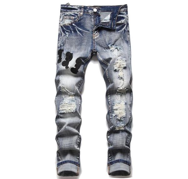 

indigo blue ripped patch mens jeans fashion slim fit washed motorcycle denim pants panelled hip hop stretch trousers4396178