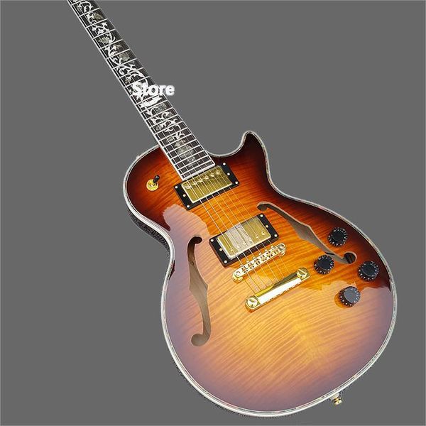 

new 6-string electric guitar, peach core xylophone body, tiger print double f hole, can be customized and shipped