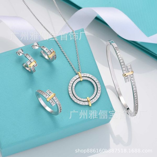 

high version high edition tiffay ring necklace with 18k white copper plating and diamonds in different colors surrounding full diamond brace, Black