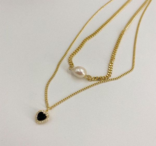 

pendant necklaces minar trendy double layers black love heart for women gold chunky curb chain pearls choker necklace jewelry5893532, Silver