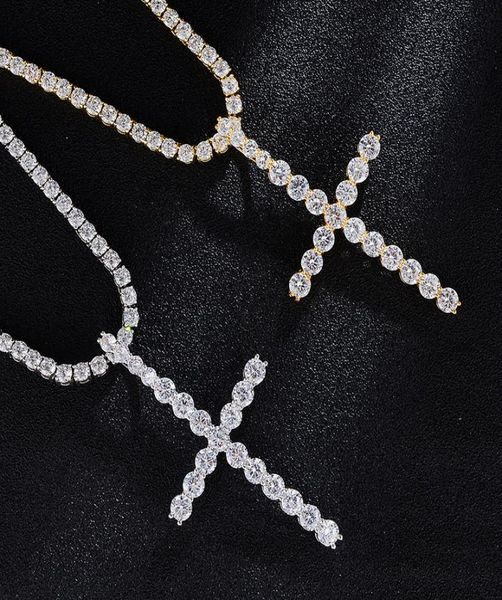 

iced out cubic zirconia big cz cross pendant necklace with tennis chain gold silver copper material hiphop jewelry9228522
