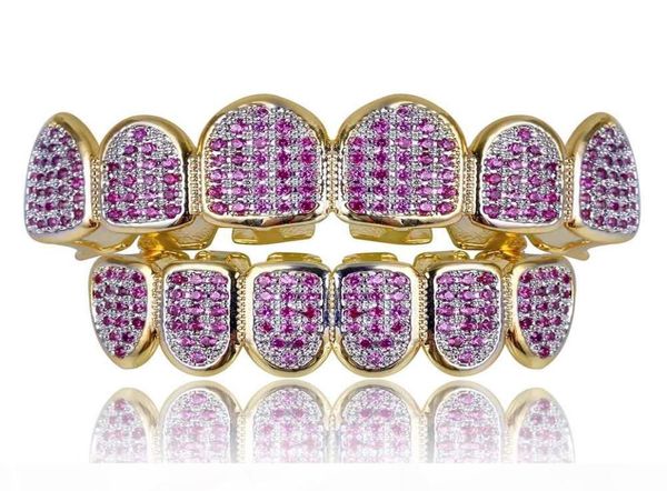 

new custom fit hip hop gold teeth grillz caps micro pave fuchsia cubic zirconia bottom grills set for christmas gift women2048169, Black