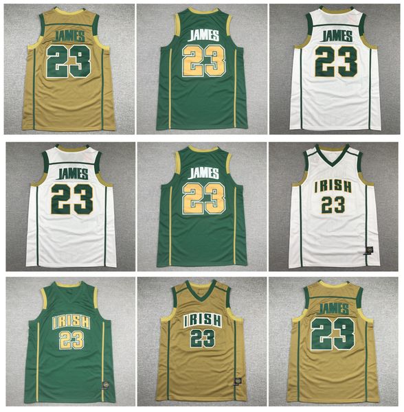 

st. vincent mary high school irish high lebron james basketball jersey mitchell and ness throwback gold white green size s-xxl, Black;red