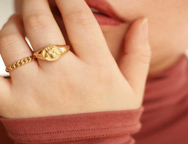 

2021 waterproof stainless steel 18k plated stereo small wings angle signet ring hollow braid chain gold rings for women6896597, Silver