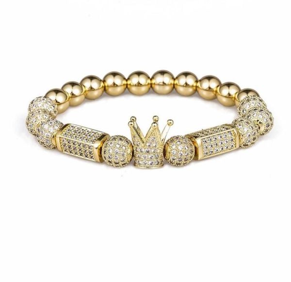 

2018 brand trendy imperial crown charm bracelets 8mm micro pave cz round bead women men copper jewelry pulseras mujer bileklik2757651, Golden;silver