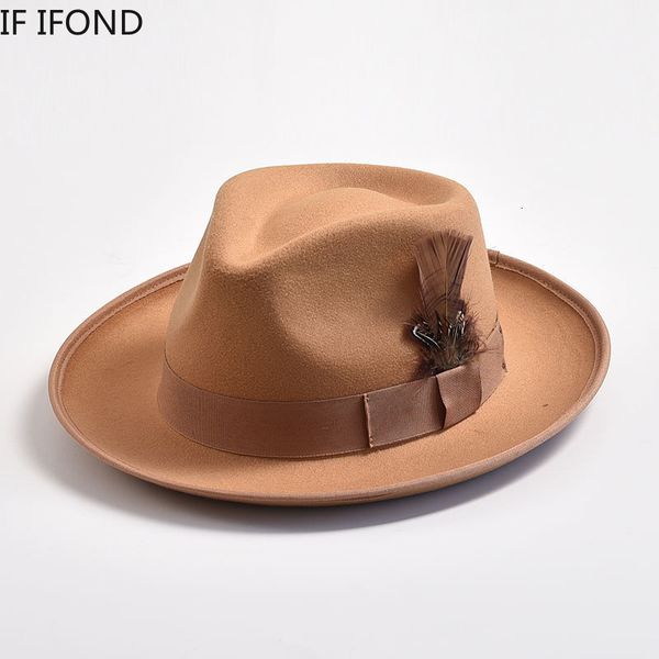 

handmade feathers felt fedora hat vintage men panama trilby hats curved brim gentleman party dress cap 230717, Blue;gray