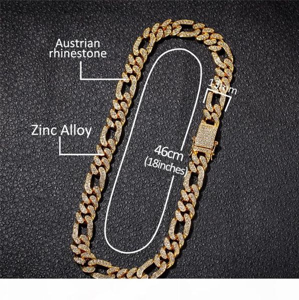 

18k gold plated figaro cuban chain iced out full rhinestone 13mm alloy heavy miami cuban link chain bracelets necklace6751066, Black