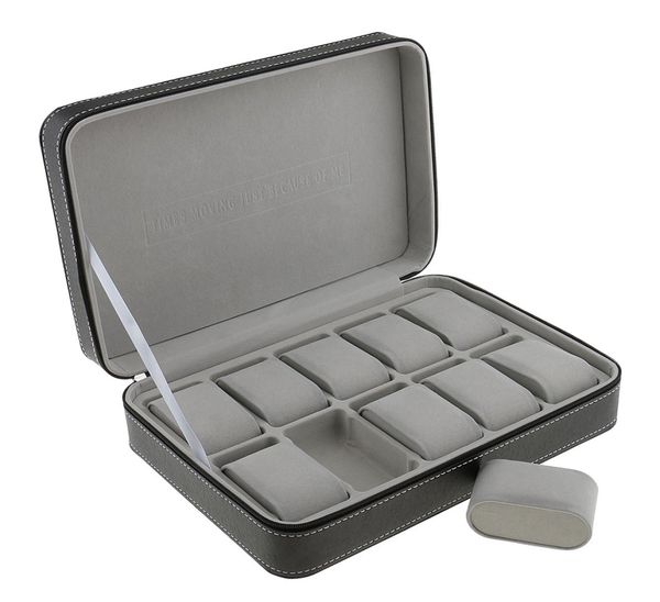 

phenovo watch case for 10 slots travel briefcase design leather large compartments with zipper closure jewelry packaging display6908560, Black