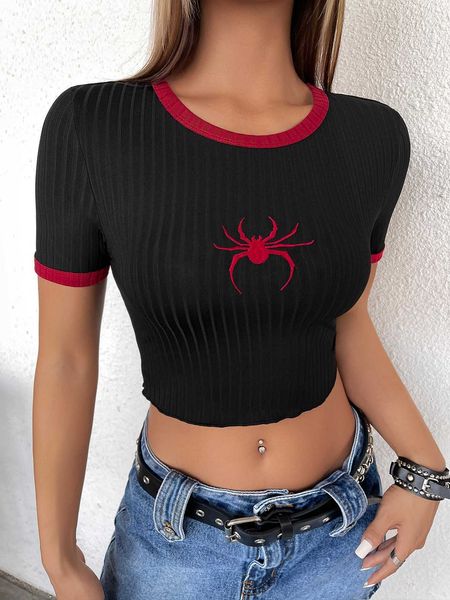 

women's fashion t-shirt icon dopamine dressing spider embroidery trim crop, White