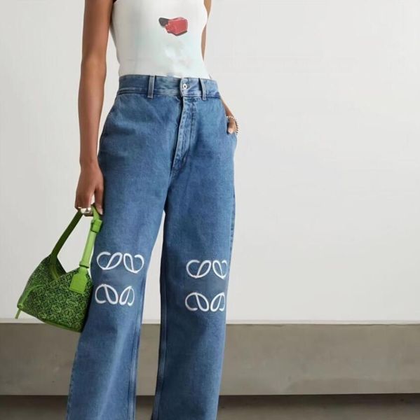 

designer women's jeans arrivals high waist street hollowed out patch embroidered decoration casual luxury blue straight denim pants