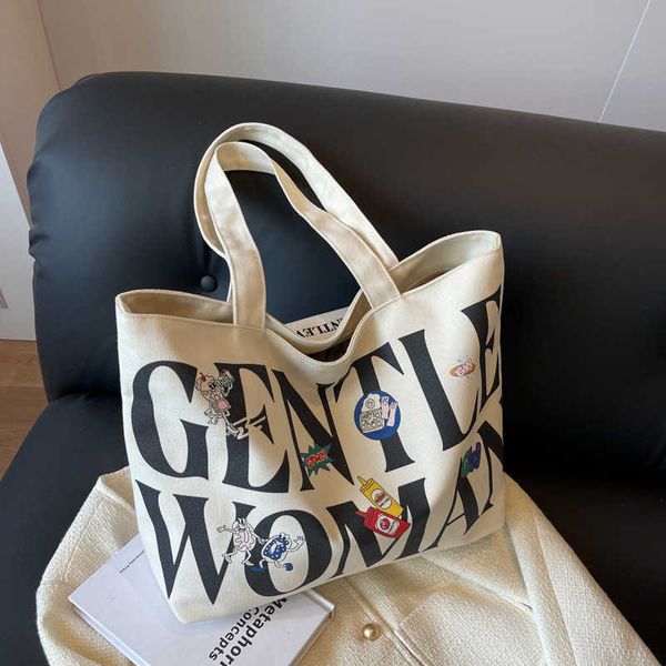 

letter canvas tote bag women's new high capacity handbag student class one shoulder commuter bag
