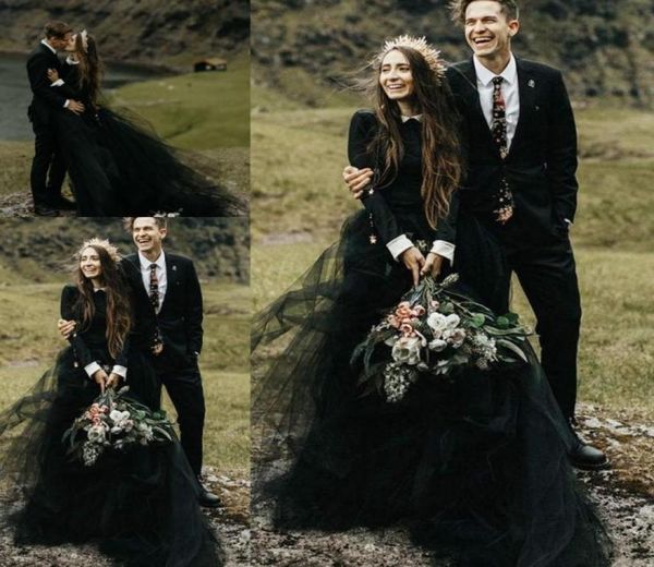 

black gothic country wedding dresses mulsim people long sleeve high neck country bridal gowns bohemian bride reception gown6428484, White