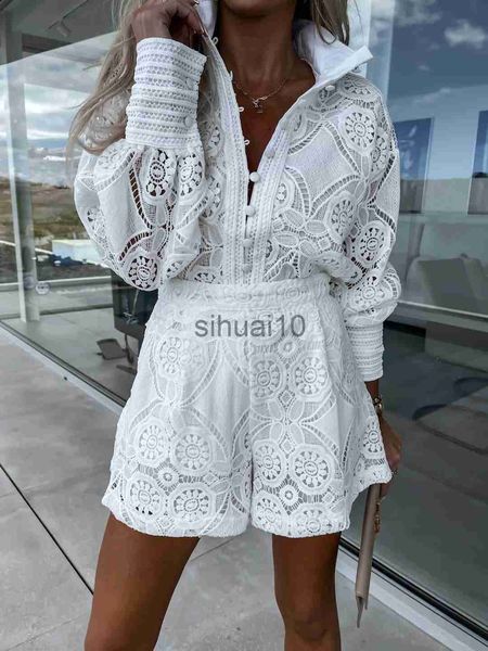 

women's two piece pants foridol vintage single breasted white lace women shorts sets spring long sleeve casual party 2 pcs outfits femm