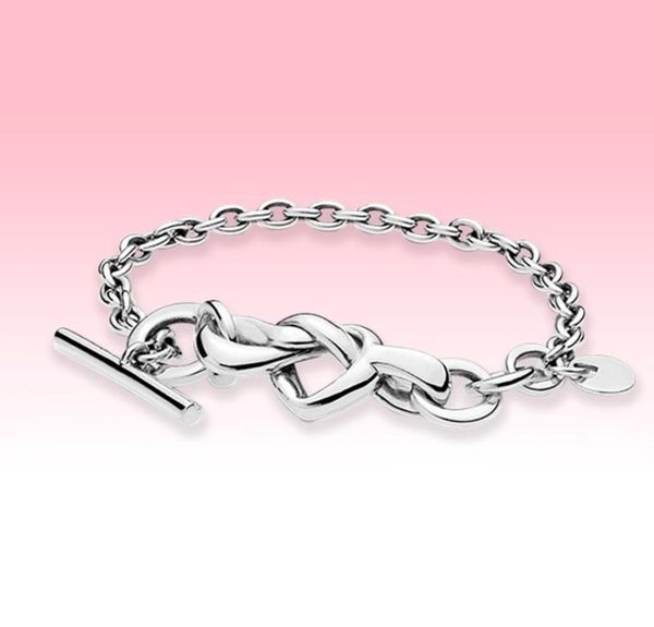 

925 sterling silver hand chain women wedding jewelry with original box for new knotted heart t-bar bracelet8036963, Golden;silver