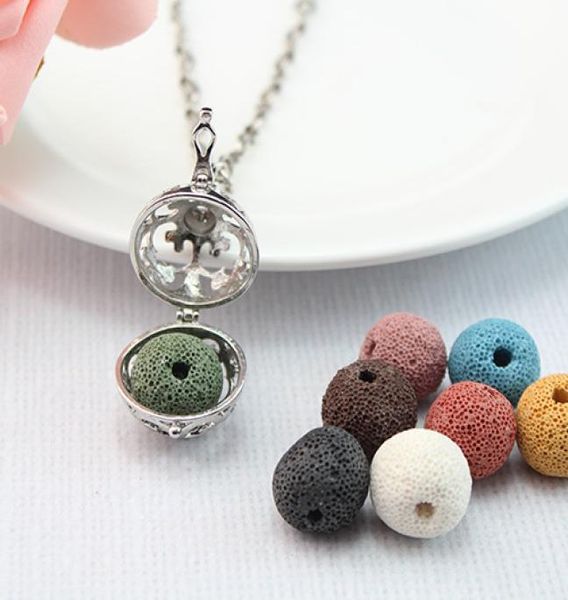 

fashion essential oil diffuser necklaces female aromatherapy hollow lava rock stone locket pendant silver chains for women jewelry7359994