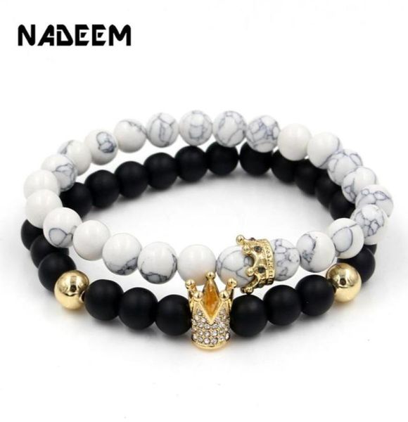 

fashion 2pcsset pave cz king crown charm bracelet natural howlite stone couple braclet sets for men women jewelry accessories8802300, Golden;silver