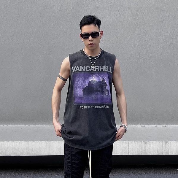 

men' tank american style vintage high street washed old letter print sleeveless tshirt undershirt streetwear summer 230715, White;black
