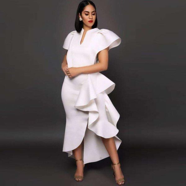 

v neck flounce high waist plus size slim irregular hem womens dress white, Black;gray