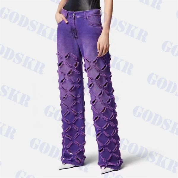 

fashion womens jeans designer ripped pants high waist denim pant purple wide leg trousers punk jean clothing, Blue