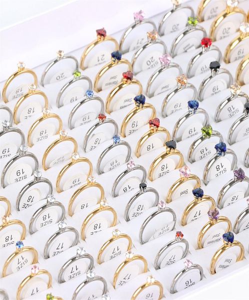 

20pcslot fashion stainless steel cluster rings jewelry wedding engagement for women cubic zirconia golden silver color mix style 9612452