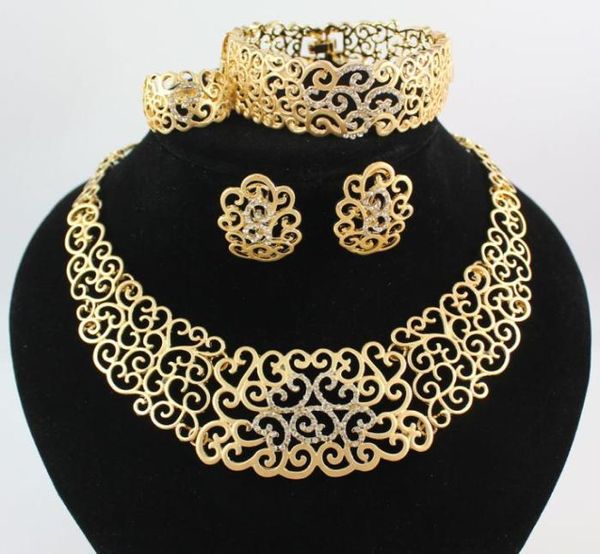 

necklace bracelet earring rings african jewelry sets fashion 18k gold plated flower rhinestone wedding party set9816637, Slivery;golden