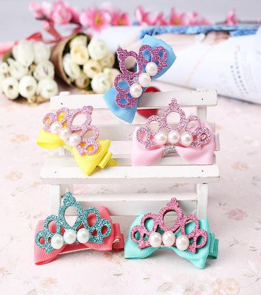 

ashion children hair clips shiny crown with pearl barrettes ribbon bow crown baby girl hair pins haar speldjes meisje7280721, Slivery;white