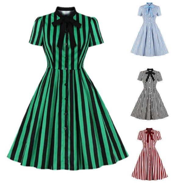 

womens clothing retro black striped button dress, Black;gray