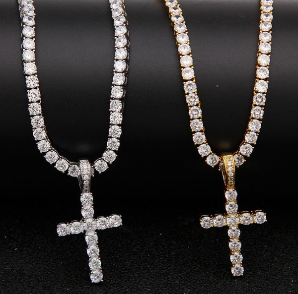 

iced out zircon cross pendant with 4mm tennis chain necklace set mens hip hop jewelry gold silver cz pendant necklace fashion desi6715546