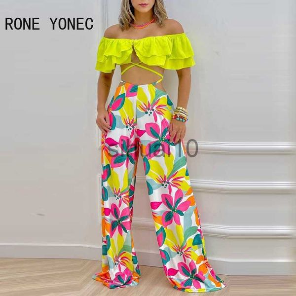 

women's two piece pants women chic spaghetti strap solid criss cross lace up ruffle crop floral print pants pants sets j230717, White