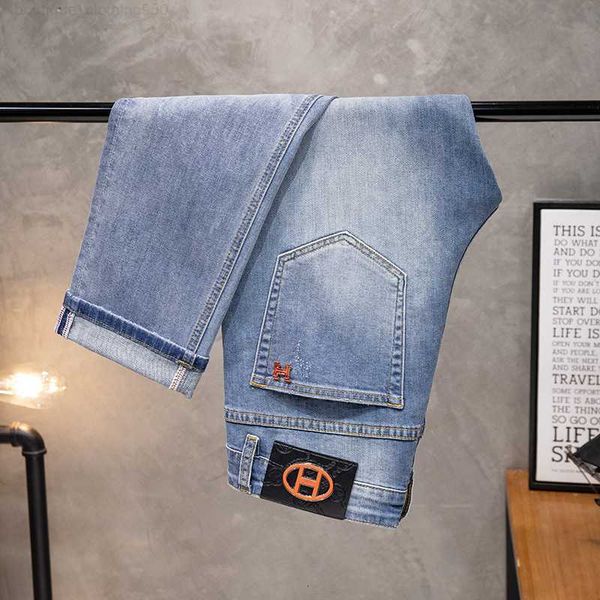 

2023 summer r jeans men feet elastic slim fit korean blue denim pants thin