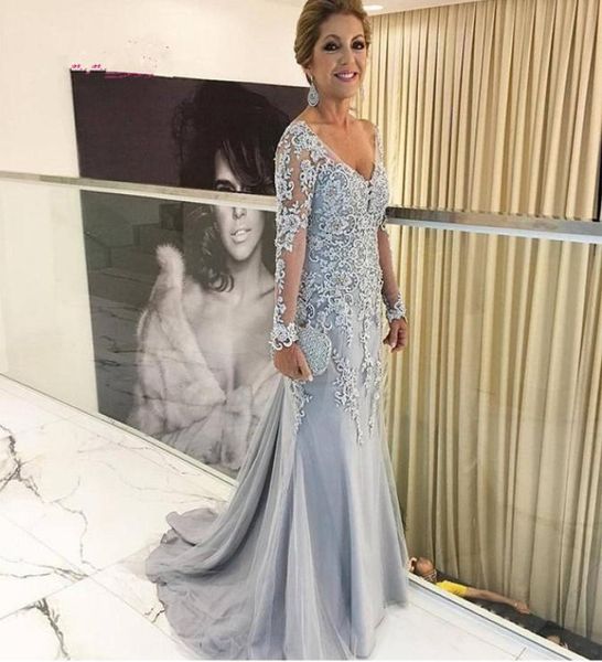 

silver mother of the bride dresses v neck long sleeves lace appliques mermaid evening prom dress wedding party guest gowns2575230, Black;red