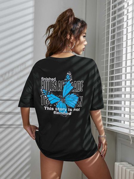 

women's fashion t-shirt butterfly and slogan graphic shoulder, White