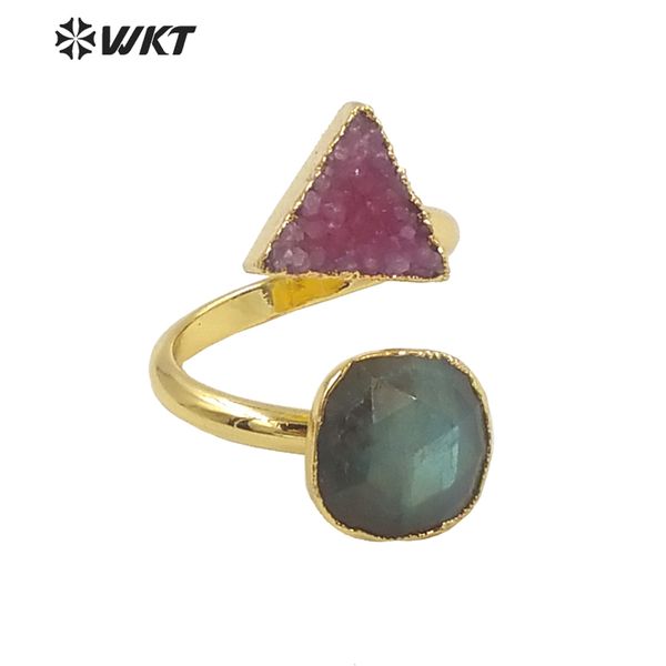 

wedding rings wt-r373 wkt exclusive design double gemstone gold ring fashion plated natural stone adjustable druzy accessories 230717, Slivery;golden