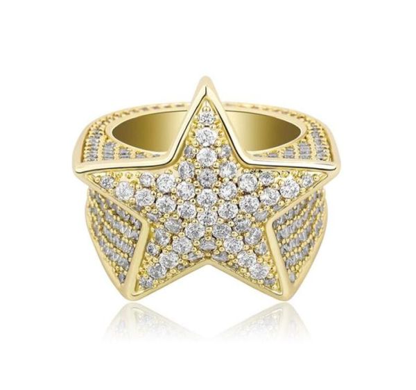 

iced out bow five pointed star ring micro zircon for men hip hop bling diamond ring gold silver wedding ring3370508