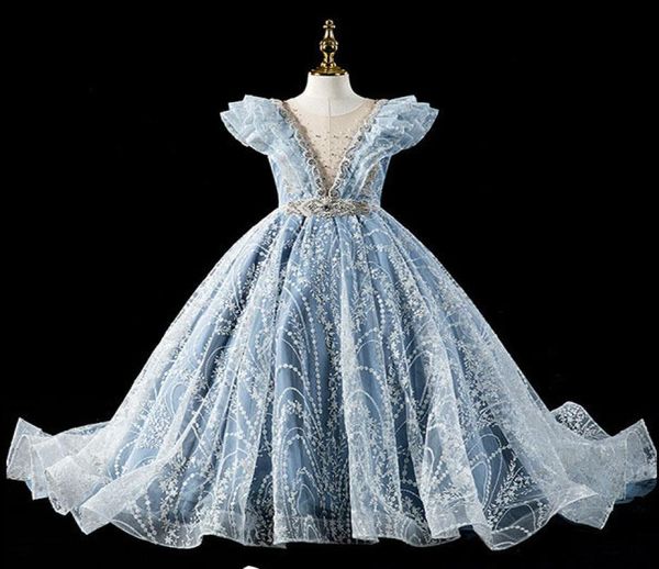 

puffy flower girls dresses 3d flower v neck long sleeve kids teens pageant gowns birthday party dress for wedding long tail gown 29952780, White;blue