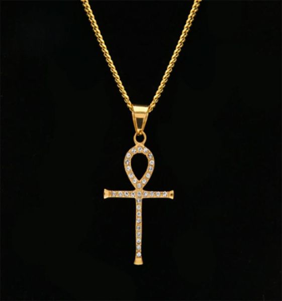 

real gold plated ankh egyptian pendant necklace bling bling rhinestone crystal key to life egypt cross necklace cuban chain hip ho9547583, Silver