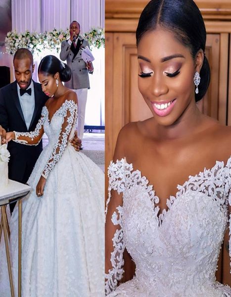 

2021 african nigerian ball gown wedding dresses with jewel illusion bodice long sleeve court train applique sheer off the sho8350759, White