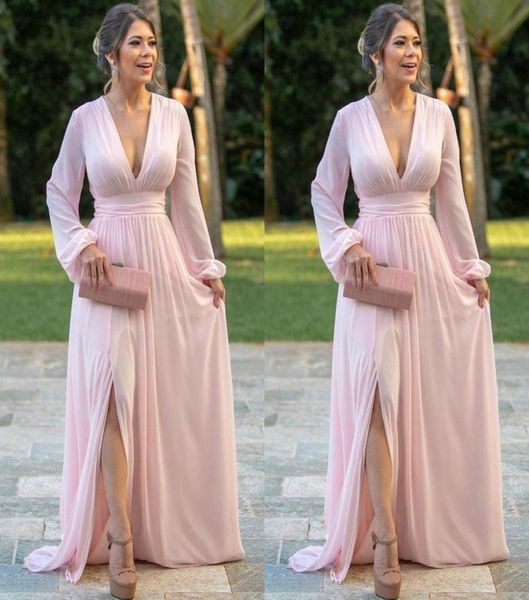 

light pink chiffon evening dresses deep v neck long sleeves prom dress side split a line bride party gowns2161018, Black;red