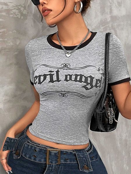 

women's fashion t-shirt grunge letter graphic binding crop, White