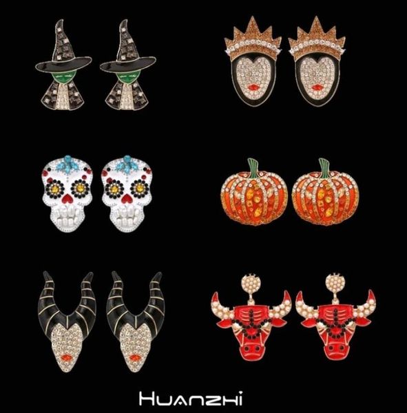 

stud huanzhi halloween dripping oil zircon pearl pumpkin skeleton witch stud earring 2208262115480, Golden;silver