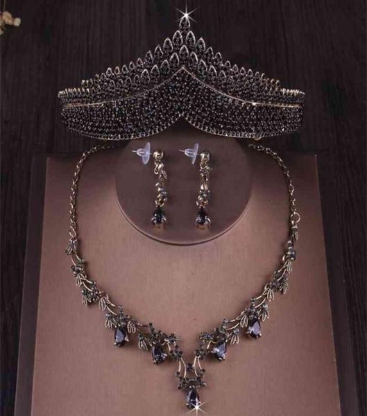 

baroque vintage gold black crystal heart bridal jewelry sets crown tiaras necklace earrings wedding dubai set 2107011599513, Slivery;golden
