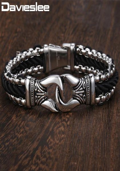 

davieslee fashion mens manmade leather bracelet stainless steel box link knot charm wristband 1213mm gold silver color dhb4968905041, Black