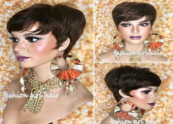 

150density full brazilian short pixie cut none lace front wigs with bangs 100 remy human hair wig for black women3749627, Black;brown