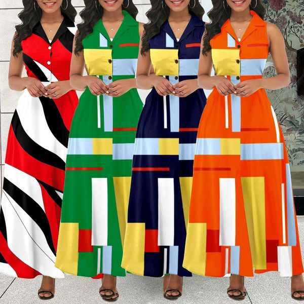 

fashion long skirt womens digital print sleeveless v neck elegant dress, Black;gray