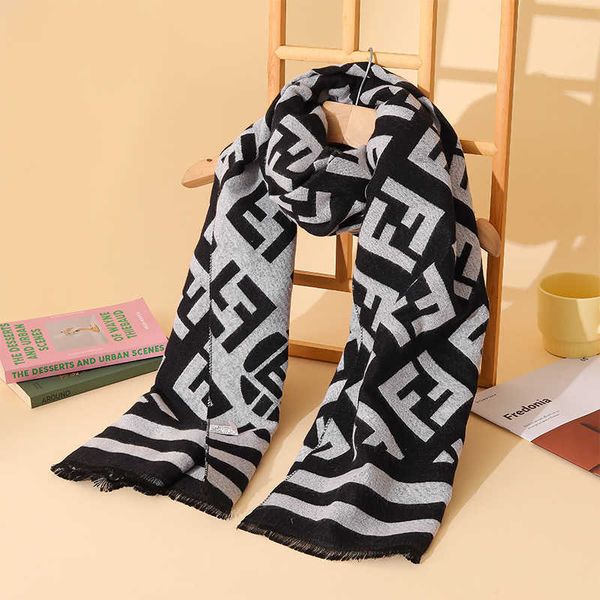 

korean double sided letter imitation cashmere scarf 2022 autumn/winter new warm versatile long shawl dual purpose neck, Blue;gray
