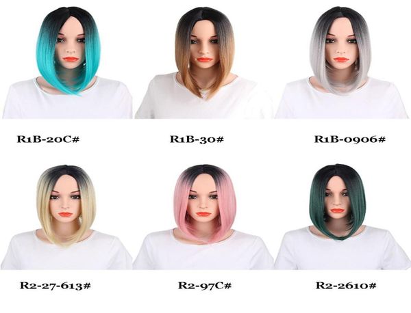 

13inch straight bob style synthetic wigs 160gpiece lace frontal wigs middle part hairline 150 density fiber different colors5009533, Black