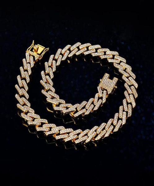 

pendant necklaces 12mm hip hop cuban chain necklace golden iced out rhinestones silver color men jewelry fashion metal1075121
