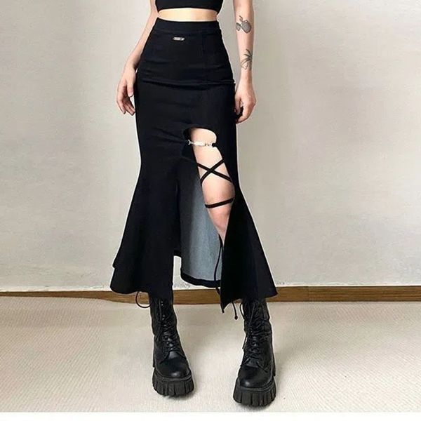 

skirts high waist women mermaid skirts american style designed bandage split midi skirt y2k fashion streetwear female skirts spring 230717, Black