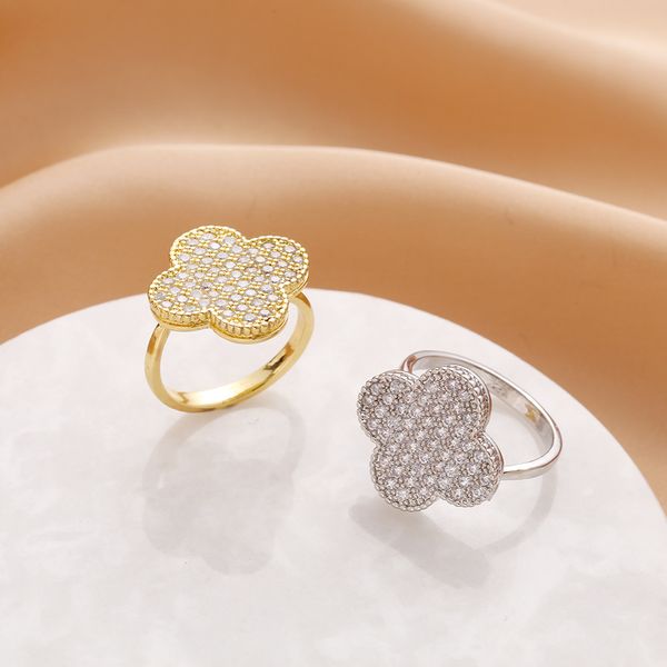 

elegant cz micro pave clover ring fashion adjustable stainless steel women rings jewelry, Silver